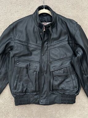 Vintage 90s Genuine Leather HJC Cirotech Riding Gear Black Motorcycle Jacket